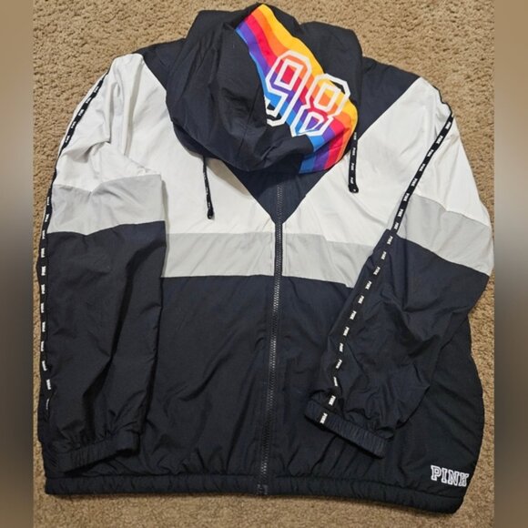 PINK Victoria's Secret Large/Medium Rare HTF Rainbow Striped 86 Sherpa Hoodie - Picture 1 of 6